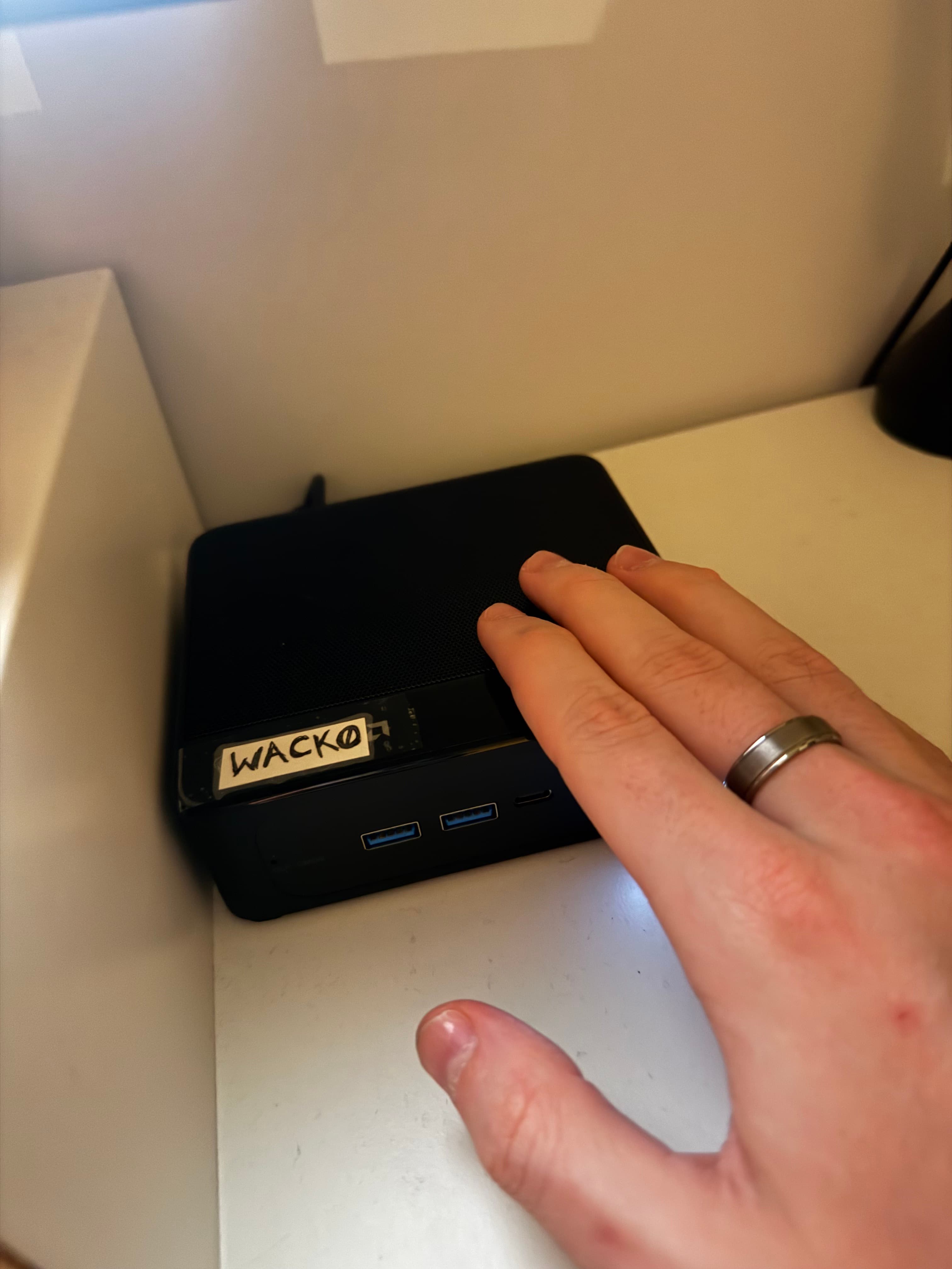 wacko — a Beelink mini PC with a masking-tape nametag